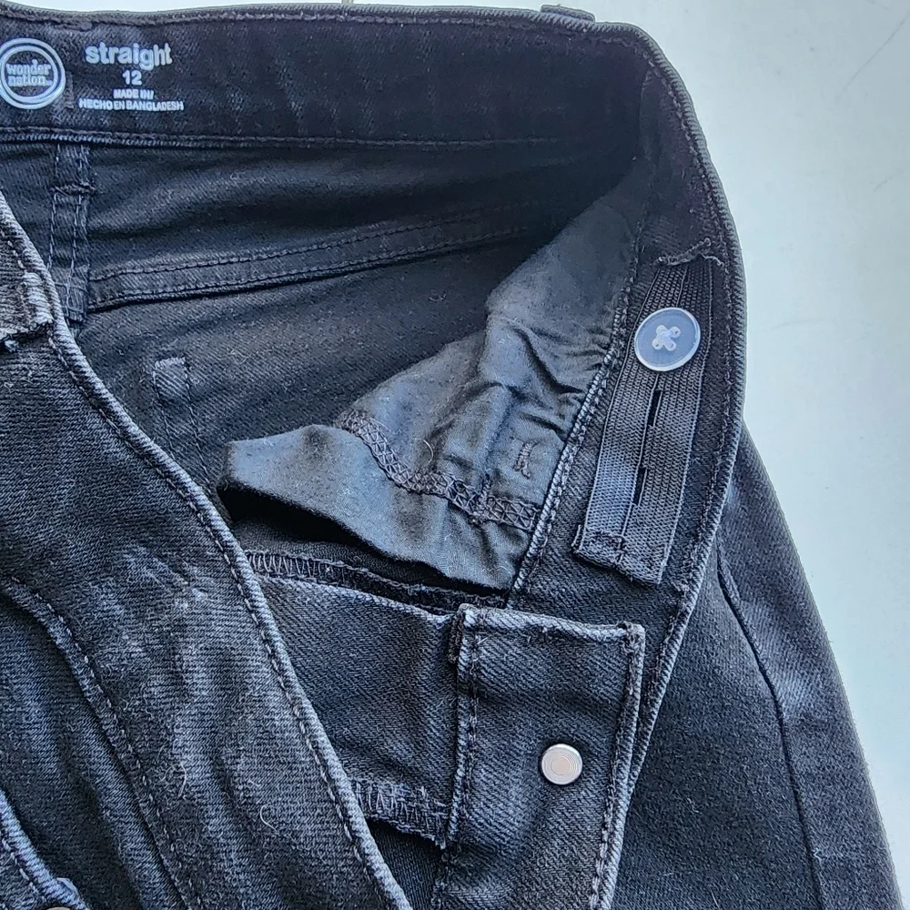 Wonder Nation Jeans Boys Black Denim Stretch Straight Fit Adjastable Waist Sz 12
